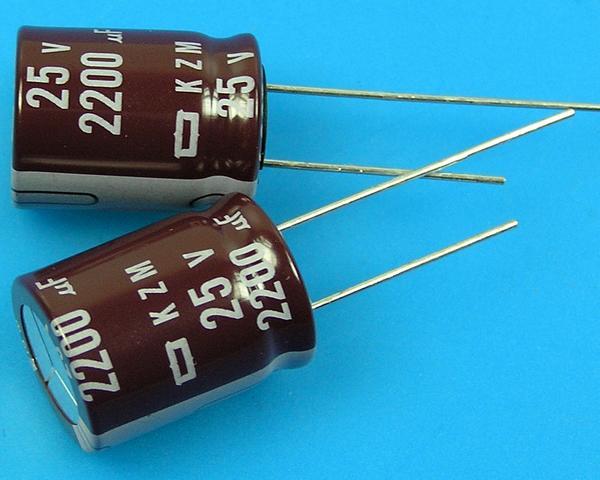 2200uF/25V - 105°C Nippon  KZM kondenzátor elektrolytický, low ESR, long life, high ripple current