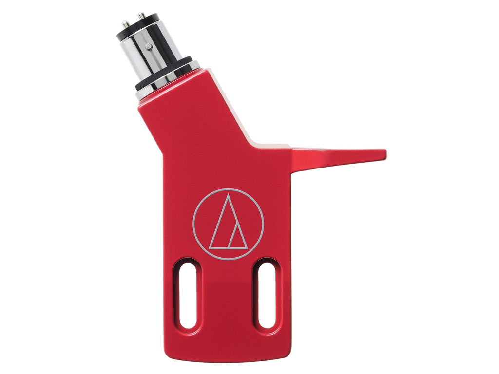 Držák přenosky gramofonu (headshell) červený s bajonetem Audio-Technica AT-HS3 pro standardní rozteč montáže 0,5" 