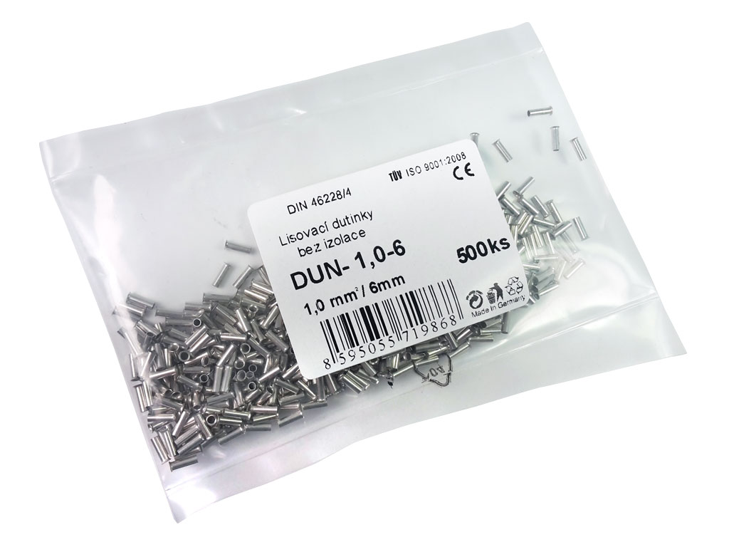 Dutinka krimpovací, kabelová na vodič 1.0 mm², délka 6mm, balení 500ks