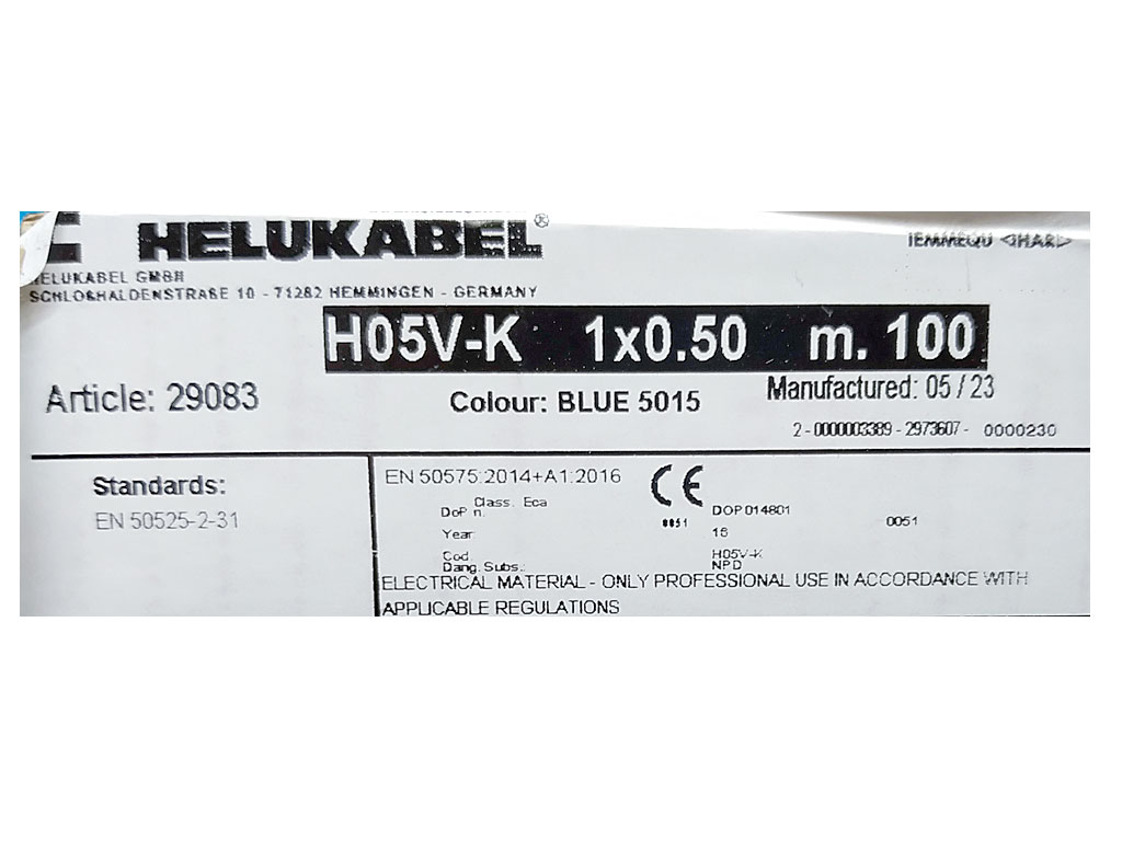 Kabel - metráž, HELUKABEL 29083 Cu licna / lanko  H05V-K 1 x 0.5 mm² - barva modrá