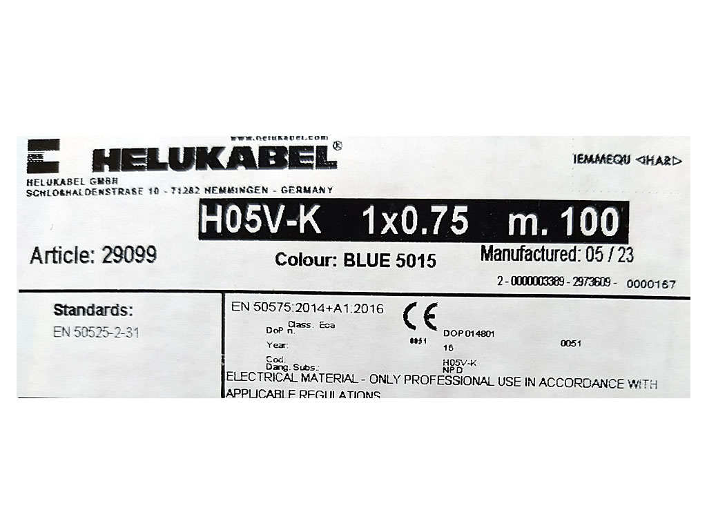 Kabel - metráž, HELUKABEL 29099 Cu licna / lanko  H05V-K 1 x 0.75 mm² - barva modrá