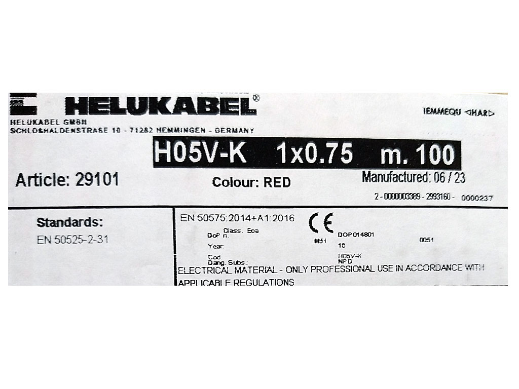 Kabel - metráž, HELUKABEL 29101 Cu licna / lanko  H05V-K 1 x 0.75 mm² - barva červená