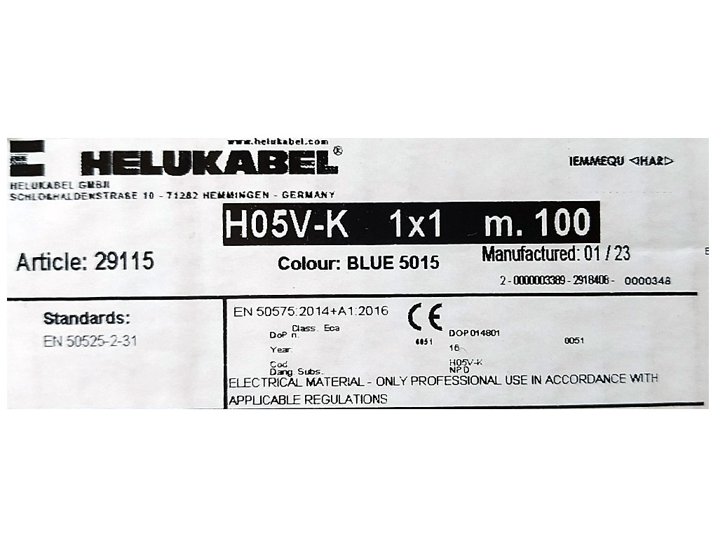 Kabel - metráž, HELUKABEL 29115 Cu licna / lanko  H05V-K 1 x 1 mm² - barva modrá