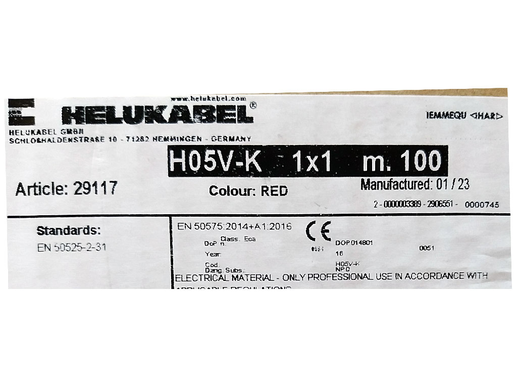 Kabel - metráž, HELUKABEL 29117 Cu licna / lanko  H05V-K 1 x 1 mm² - barva červená