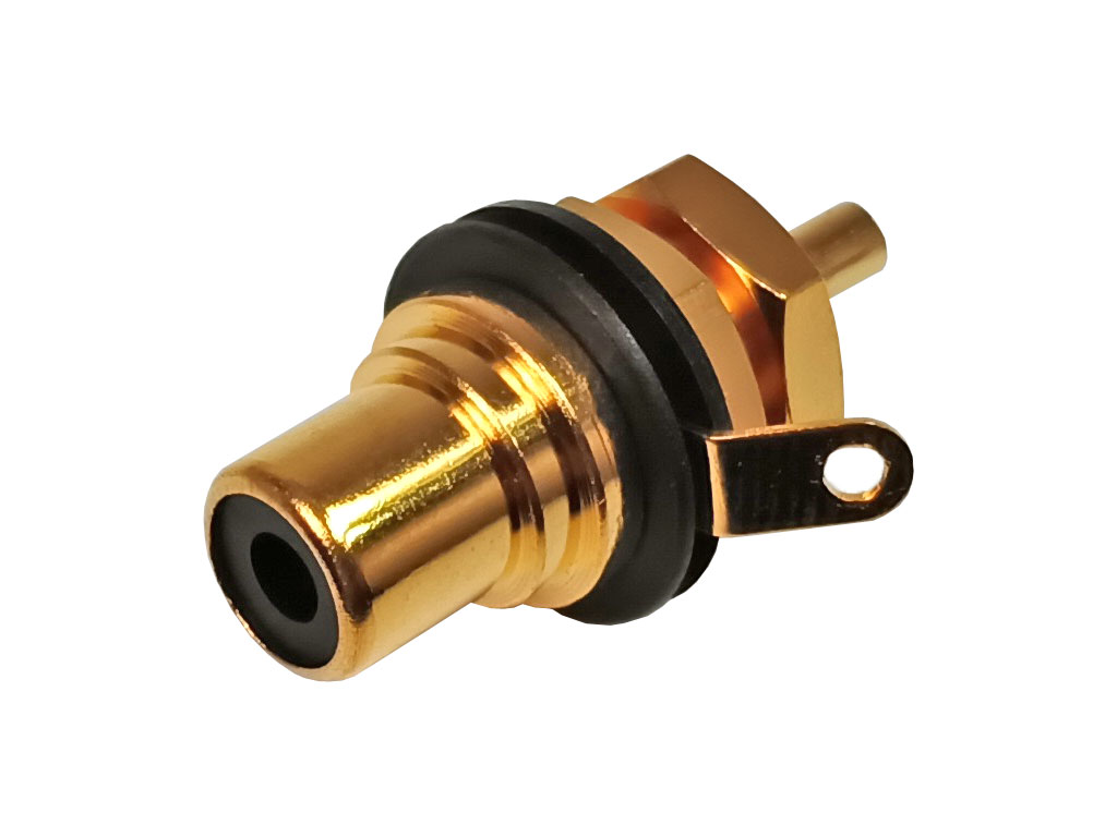 Konektor CINCH precizní, panelová zásuvka, zlacená, černá