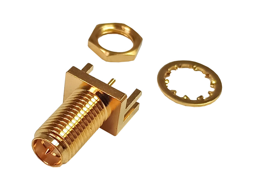 Konektor SMA panelový / PCB s maticí, pájecí - samice reverzní - zlacená