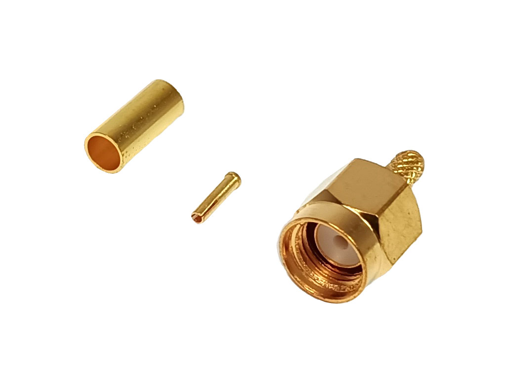 Konektor SMA pro kabel RG174 krimpovací - samec reverzní - zlacený