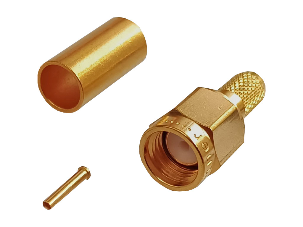 Konektor SMA pro kabel RG58 J01150R0001 krimpovací - samec reverzní - zlacený