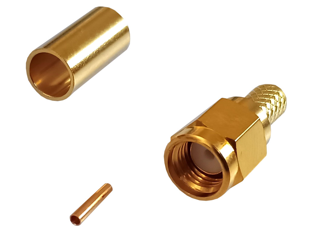 Konektor SMA pro kabel RG58 krimpovací - samec reverzní - zlacený