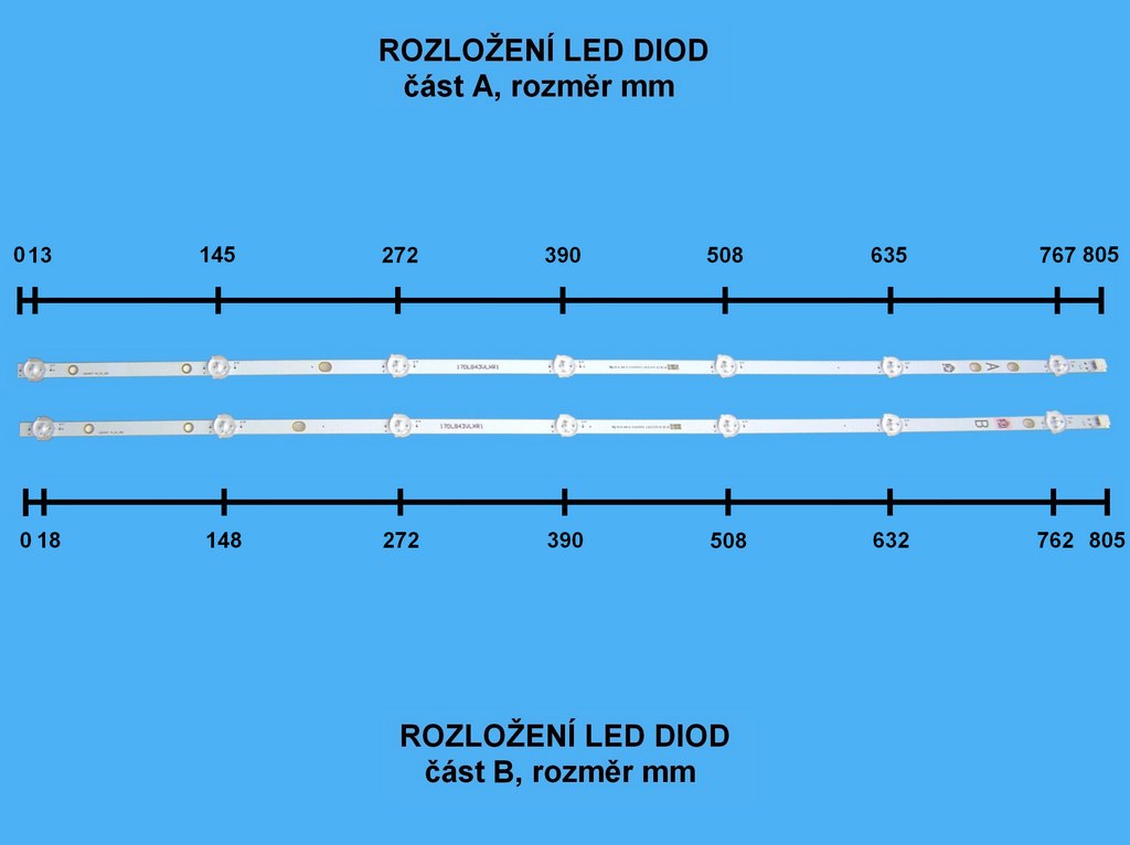 LED podsvit sada Vestel 17DLB43VLXR1 celkem 4 pásky 805mm / D-LED BAR.43DL VNB 23349477 / 30090826 + 30090827