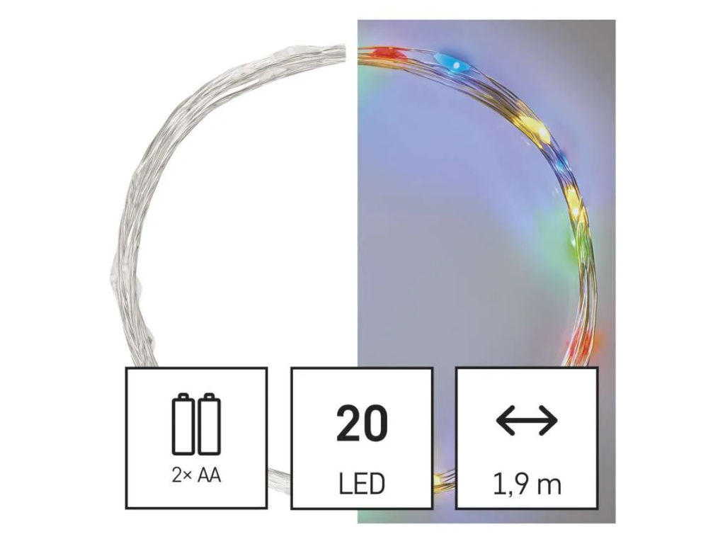 LED vánoční nano řetěz, 1,9 m, 2x AA, vnitřní, multicolor, časovač
