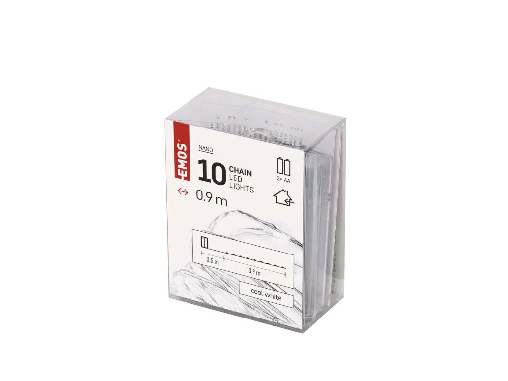 LED vánoční nano řetěz stříbrný, 0,9 m, 2x AA, vnitřní, studená bílá, časovač