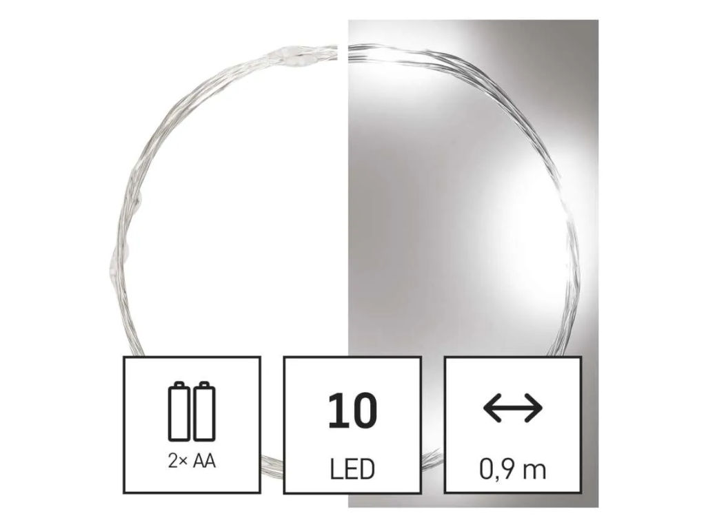 LED vánoční nano řetěz stříbrný, 0,9 m, 2x AA, vnitřní, studená bílá, časovač