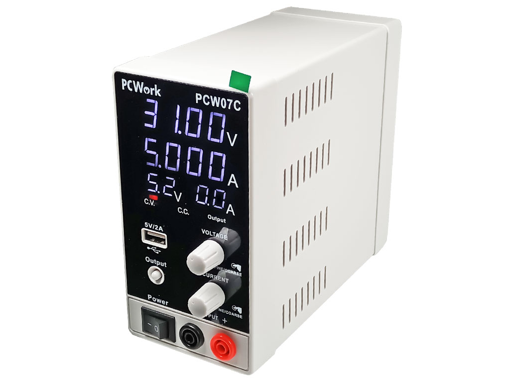 Laboratorní spínaný zdroj PCW07C DC 0–30 V / 0–5 A, CV/CC, USB 5 V / 2 A