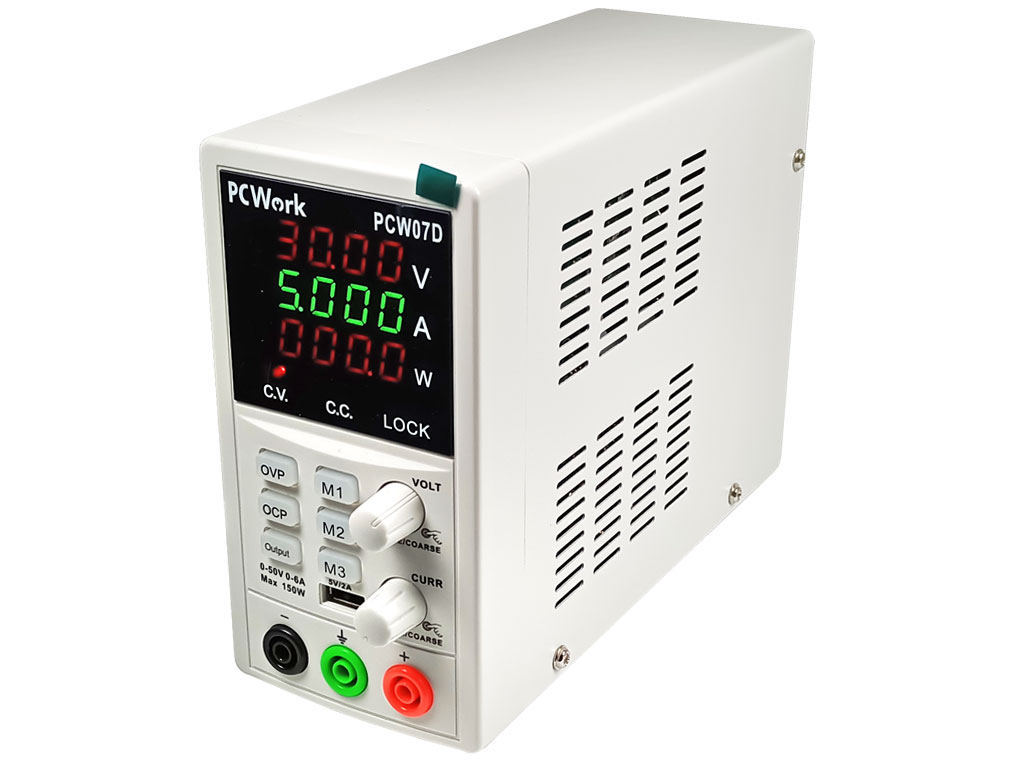 Laboratorní spínaný zdroj PCW07D DC 0–50 V / 0–6 A, CV/CC, USB 5 V / 2 A