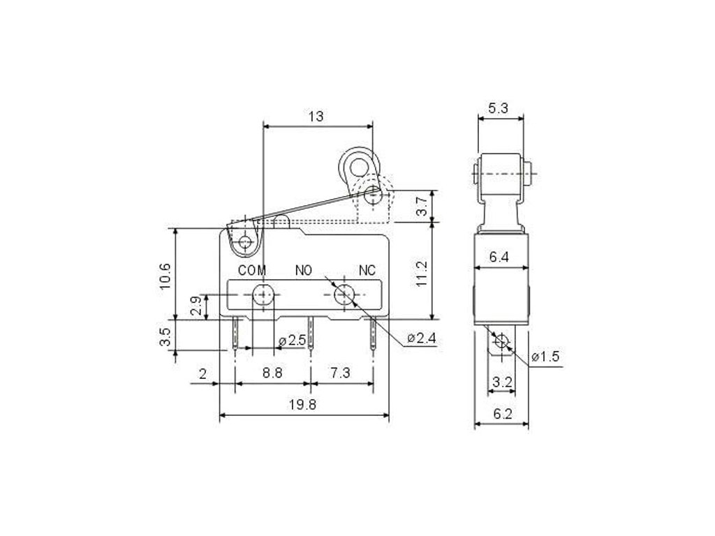 Mikrospínač do plošného spoje KW11-3Z s kladkou