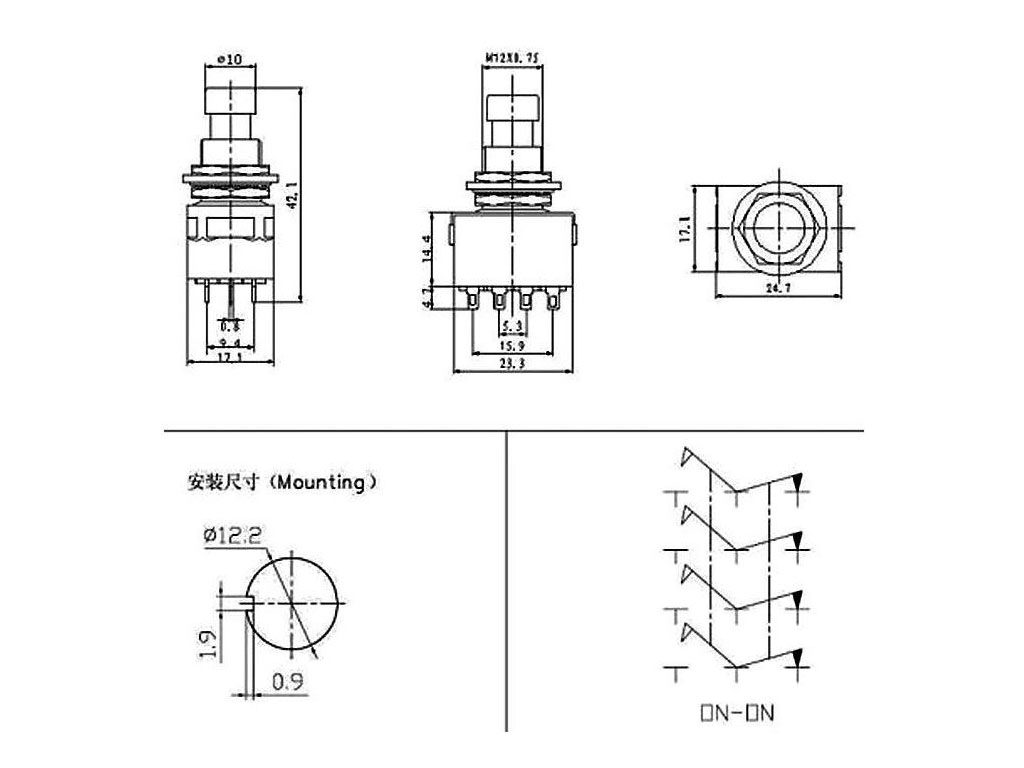 Nožní spínač PBS-24-412 250V / 2A, 4x přepínací kontakt, ZAP/ZAP, ON-(ON), bez aretace
