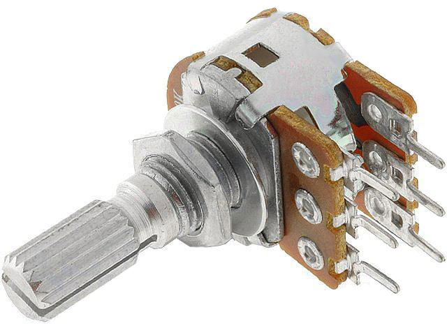 Potenciometr stereo otočný 100k / A  logaritmický, drážkovaná hřídel 6 x 9mm R16148-1B-2-A100K