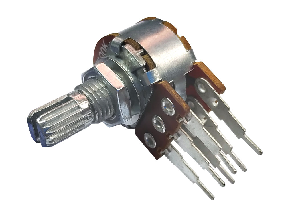 Potenciometr stereo otočný 1k / B  lineární, drážkovaná hřídel 6 x 9mm R16148-1B-2-B1K