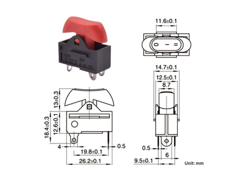 Přepínač fénu, kolébkový spínač černý, poloha 0-1-2 