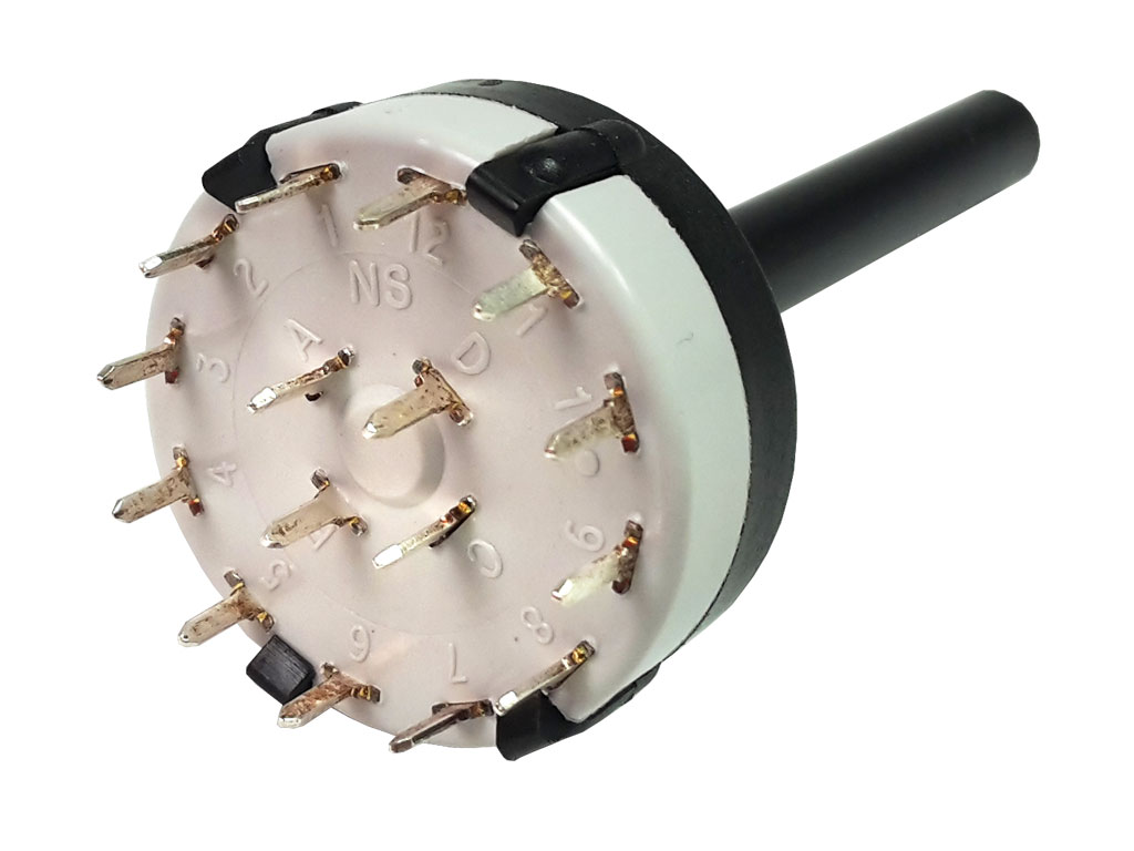 Přepínač otočný, 4x3 polohy, do PCB, osa 6mm, 250V/0,15A