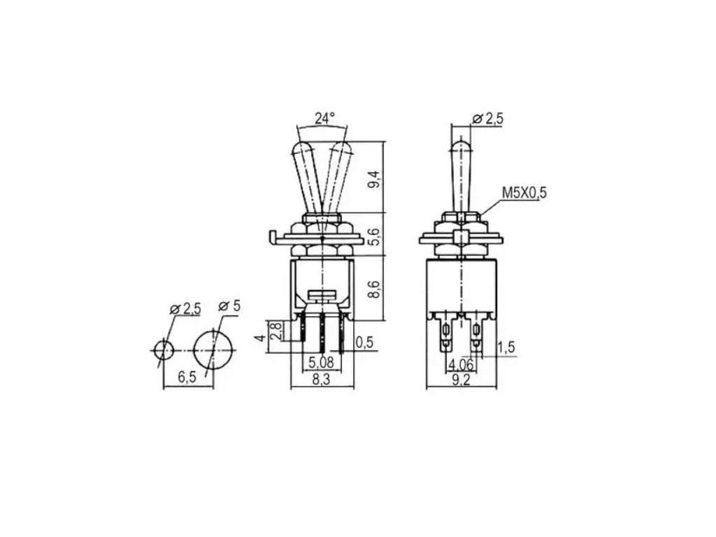 Přepínač páčkový 3 polohy / 6pin ON-OFF-ON mini