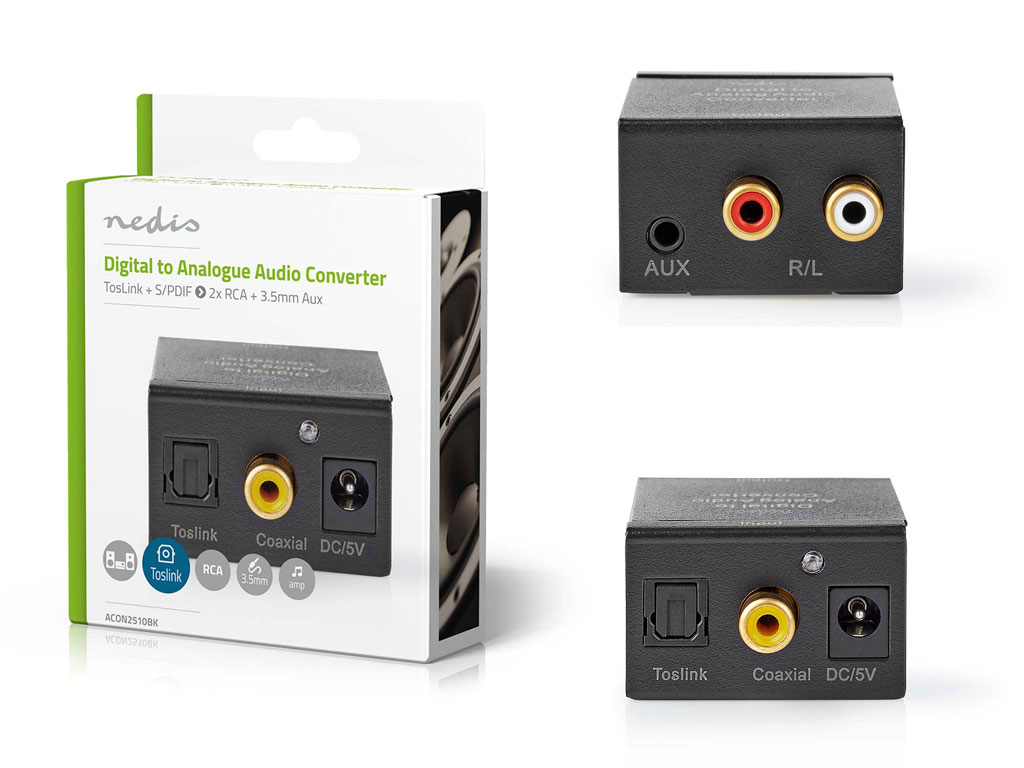 Převodník digitálního Audia 1x RCA konektor (cinch) nebo 1x Toslink / SPDIF >  2x RCA (cinch) / 3,5mm jack konektor ACON2510BK