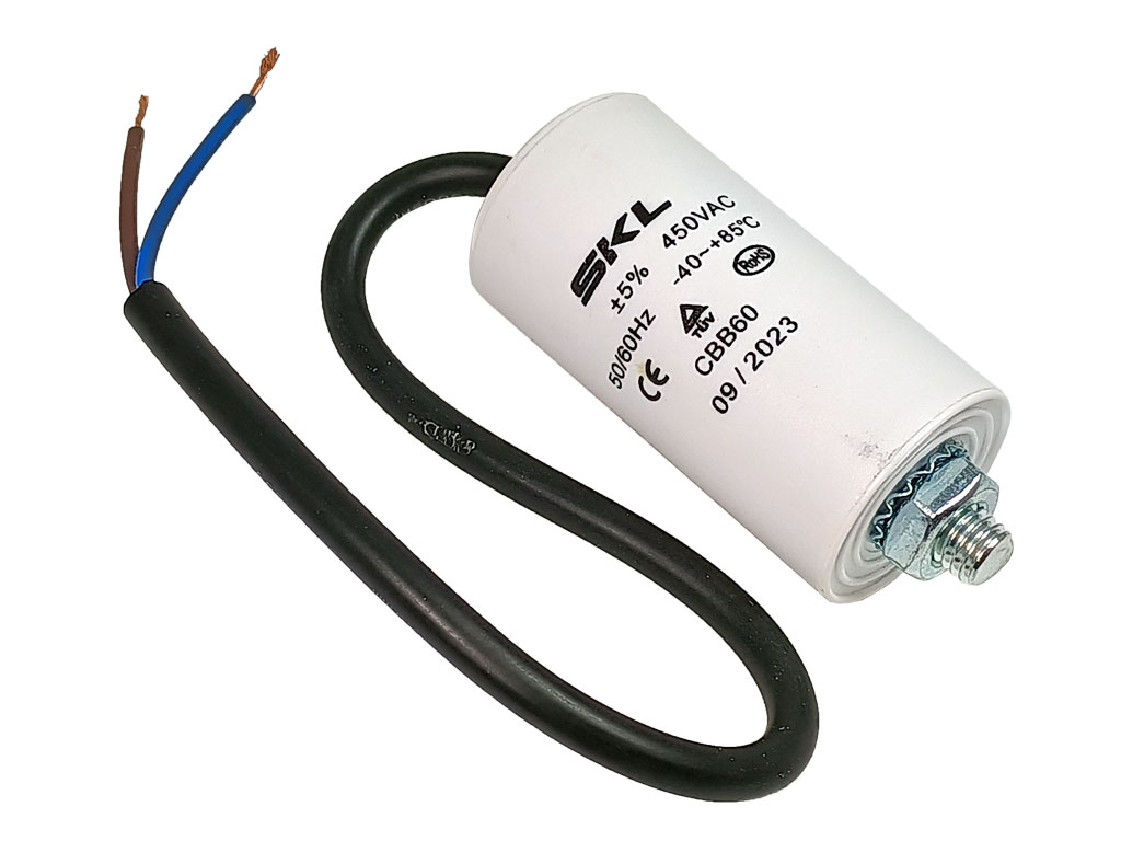 Rozběhový kondenzátor 1.0 uF ( 1.0uf ) 450V 50/60Hz CBB60 SKL, kabel 25cm, motorový běhový kondenzátor