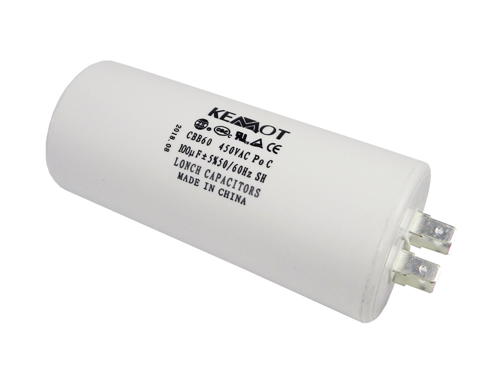 Rozběhový kondenzátor  100uF / 450V KEMOT, konektory, motorový kondenzátor