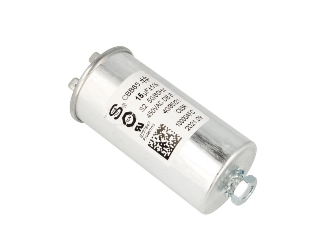 Rozběhový kondenzátor 15.0 uF ( 15uf ) 450V 50/60Hz CBB65, konektory faston 6.3mm, motorový běhový kondenzátor
