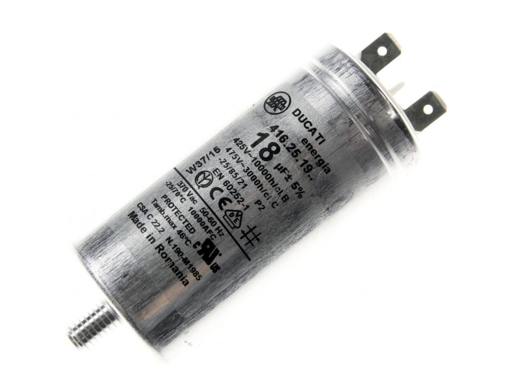 Rozběhový kondenzátor 18uf 425V / 475V DUCATI, konektory, motorový kondenzátor kovové provedení