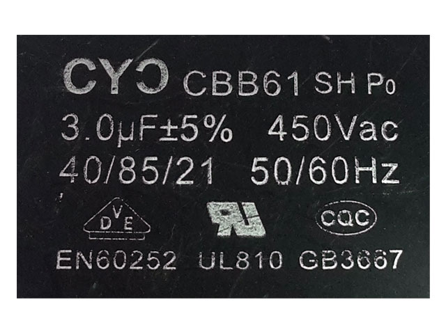 Rozběhový kondenzátor 3.0uF /  450V CBB61,  lankové vývody 10cm