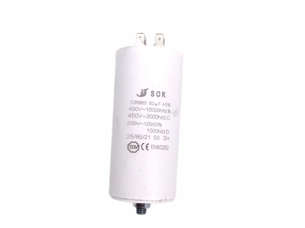 Rozběhový kondenzátor 50uF 450V CBB60, připojovací konektory faston 6.3mm