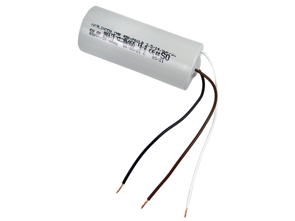 Rozběhový kondenzátor dvojitý 3.5uF / 14.5uF  450V s drátovými vývody,  motorový kondenzátor