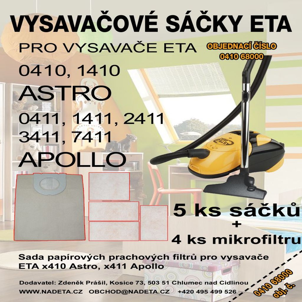 Sáčky do vysavače ETA 0410, 1410, 0411, 1411, 2411, 3411, 7411, 970468000, Astro, Apollo, Noblesse, papírové pytlíky do vysavače ( ETA 041068001 )