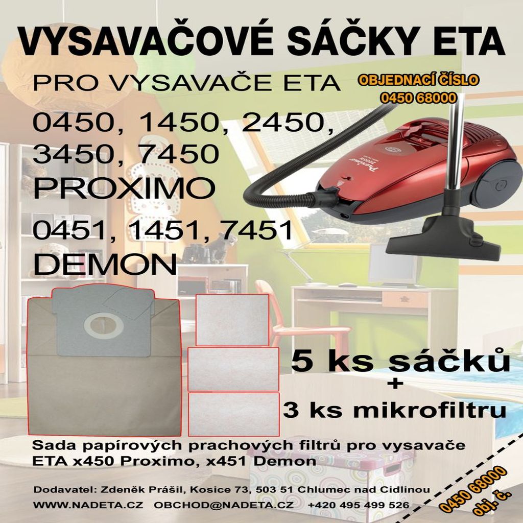 Sáčky do vysavače ETA 0450, 1450, 2450, 3450, 7450, 0451, 7451, Proximo, Demon, Galaxie, 5+3 ks, filtry papírové ( ETA 0450 68001 )