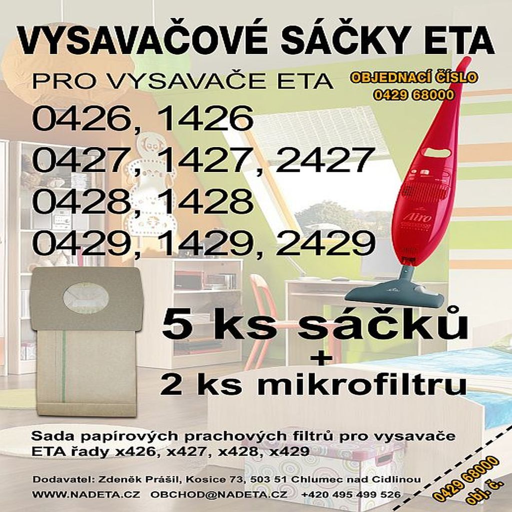 Sáčky do vysavače Eta 0429, 0427, 1427, 2427, 0428, 1428, 1429, 2429, papírové pytlíky do vysavače sada 5ks + 2 ks mikrofiltrů do vysavače (  ETA 0429 68000 )