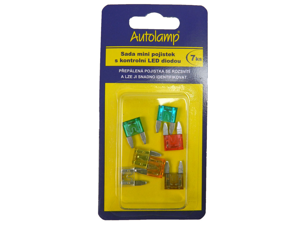 Sada AUTO mini pojistek, nožová mini pojistka s kontrolní diodou 7ks 