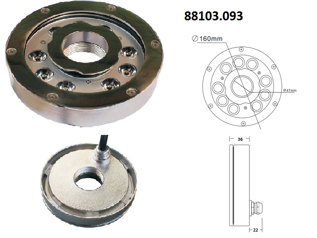Světlo LED RISE nerez 9*3W, RGBV+, s otvorem, závit 6/4", 30degree, 24V DC