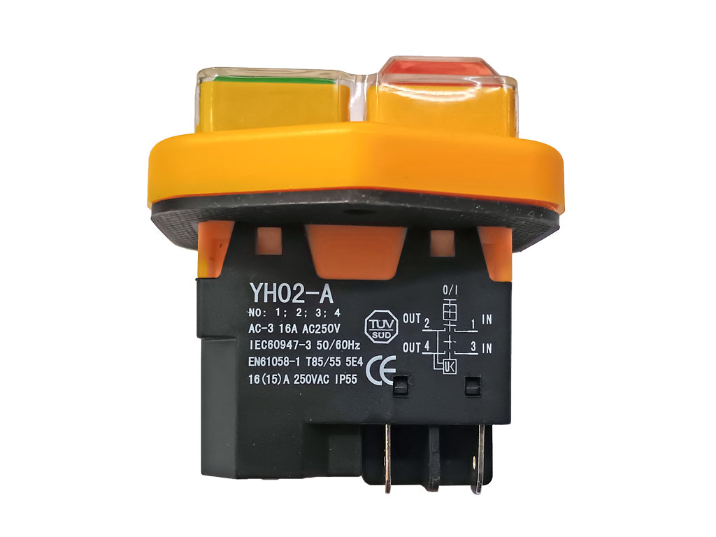 Vypínač, elektromagnetický spínač elektrického nářadí 4-piny žlutý YH02-A / KJD17B / ZCD-02