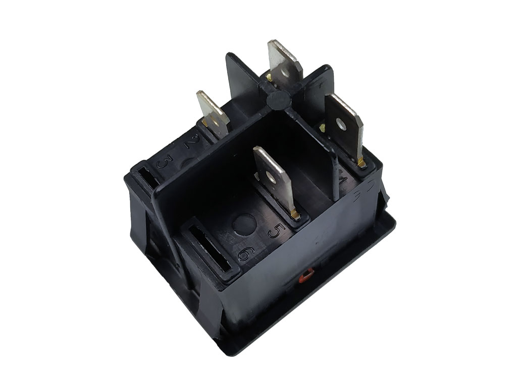 Vypínač kolébkový dvoupólový, 250V / 16A,  WSM 9104L, žlutý (oranžový) ON-OFF, FASTON 6,3