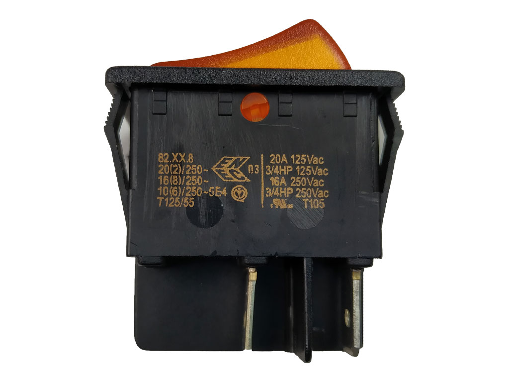 Vypínač kolébkový dvoupólový, 250V / 16A,  WSM 9104L, žlutý (oranžový) ON-OFF, FASTON 6,3