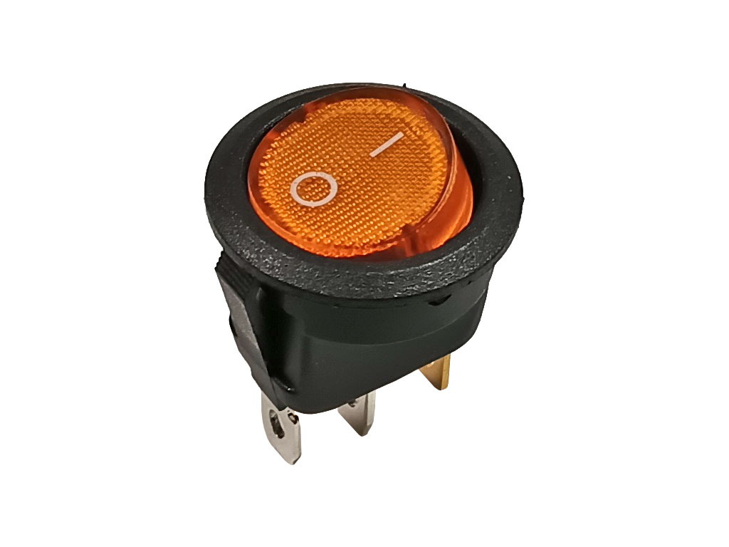 Vypínač kolébkový kulatý, 1 pólový, žlutý, prosvětlený 12V DC / 16A ON-OFF
