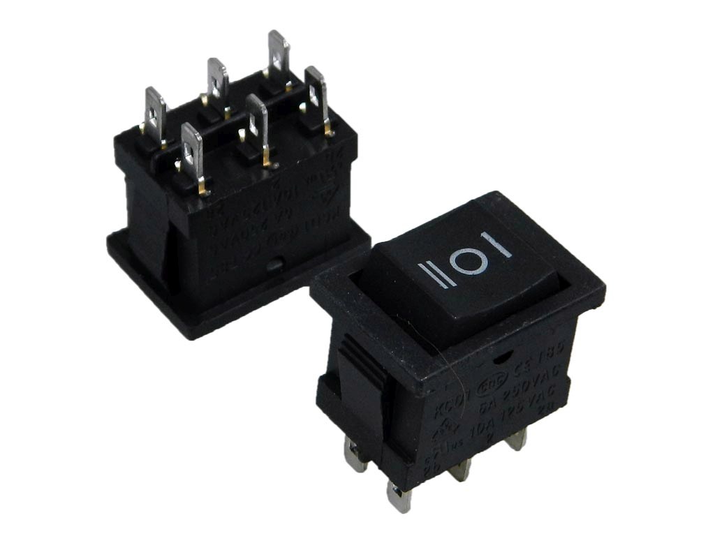 Vypínač kolébkový malý KCD1 černý ON-OFF-ON  6 vývodů