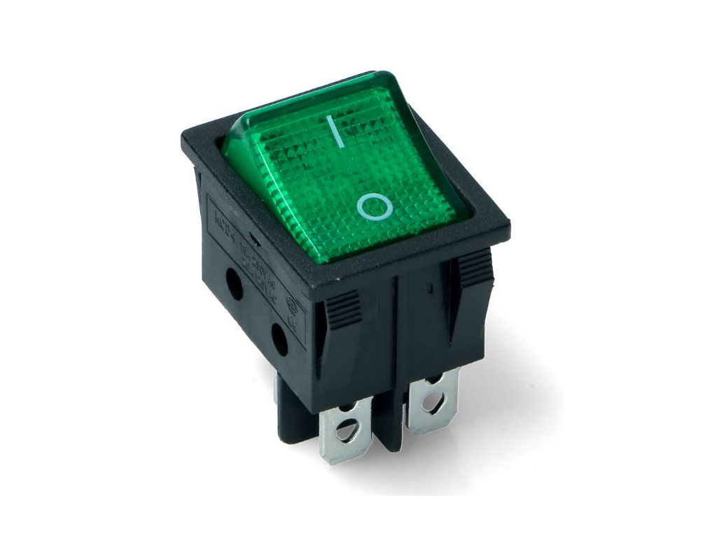 Vypínač kolébkový s podsvitem - zelený 230V / 15A KCD4