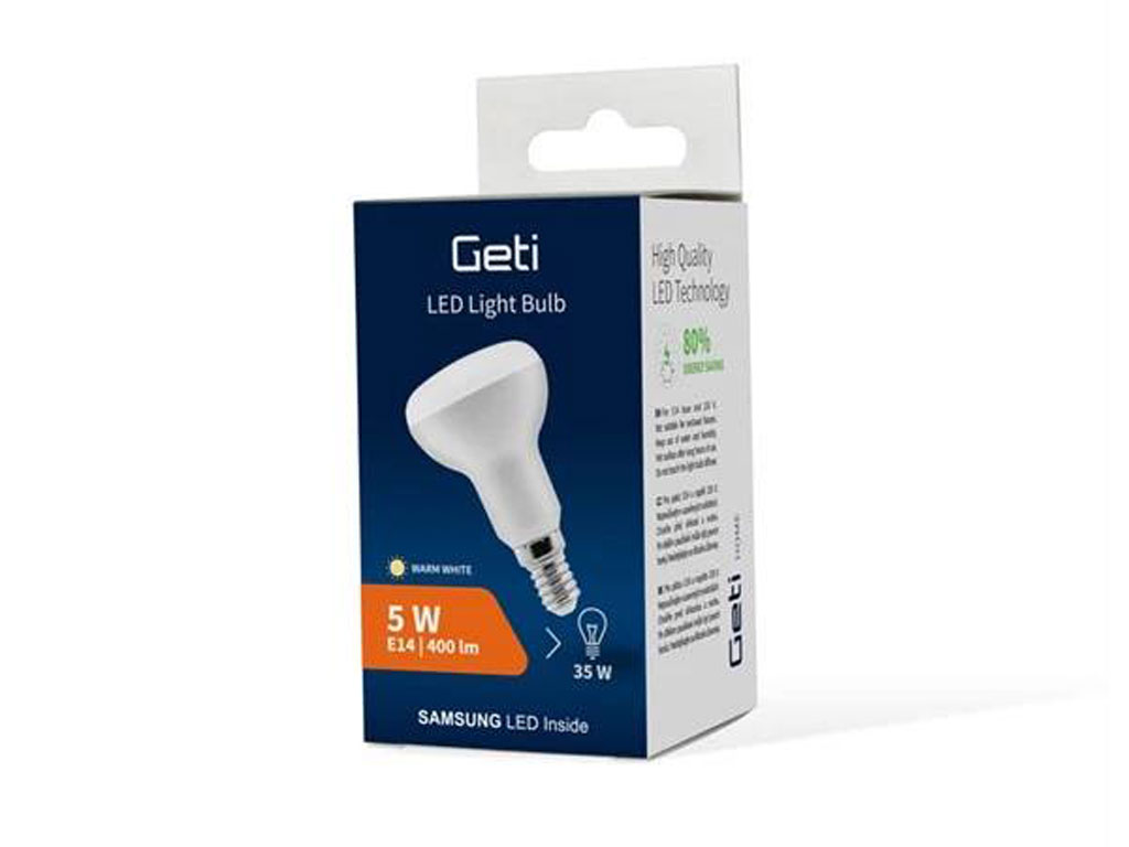 Žárovka LED GETI E14 5W R50, 220-240V, 2900-3200°K teplá bílá, Samsung čip