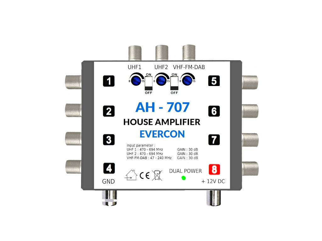 anténní zesilovač pro DVB-T2 AH-707 Evercon 5G zesílení 30dB UHF1 + UHF2 + DAB / FM / VHF 8x výstup