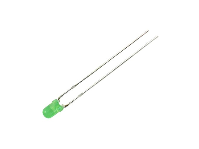 Zelená LED dioda 3mm kulatá, difúzní, 8-32mcd, 60° vyzařovací úhel, 565nm