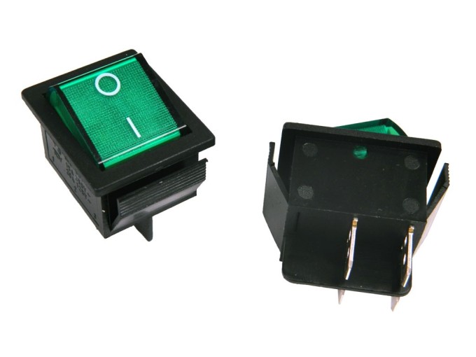 Kolébkový vypínač 2 polohy 4pin ON-OFF 250V 15A zelený prosvícený