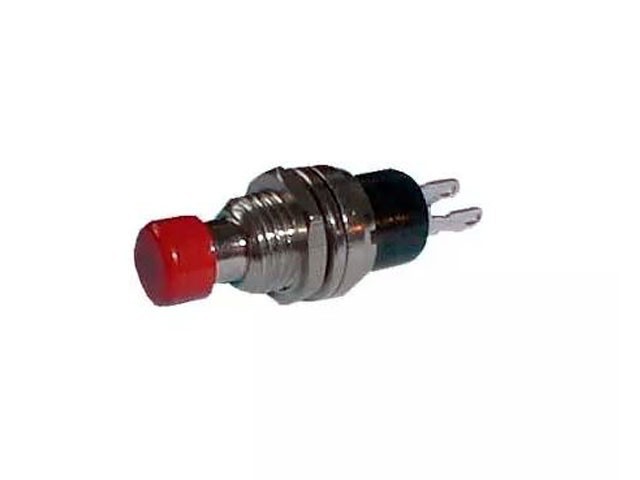 Tlačítkový kulatý spínač OFF-(ON) červený 12V, malý průměr 7 mm